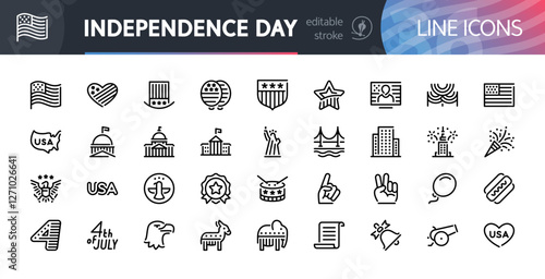 Set of 36 USA Independence Day Line Icons with Editable Stroke. Suitable for web, infographics and apps. Isolated on white background.