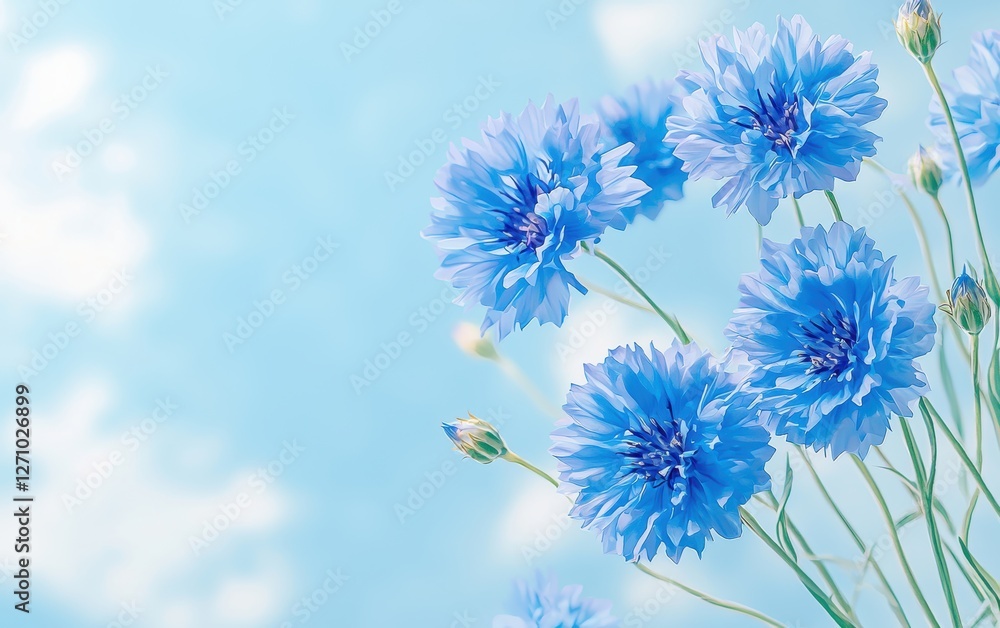 Naklejka premium A bouquet of blue cornflowers on a pastel sky-blue background