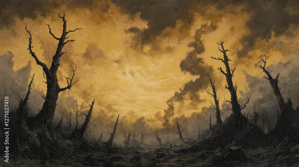 Obraz premium Dark Mysterious Forest, Dramatic Sky, Spooky Dead Trees, Eerie Evening, Gloomy Landscape, Haunted Wilderness