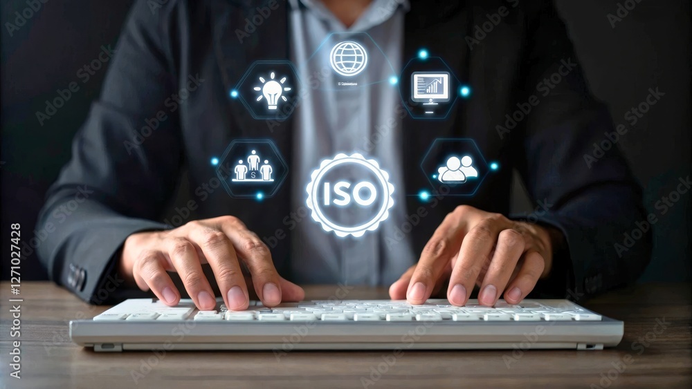 Professional Businessman Using Keyboard with Digital Icons Around Him Representing Technology Professional Businessman Using Keyboard with Digital Icons Around Him Representing Technology