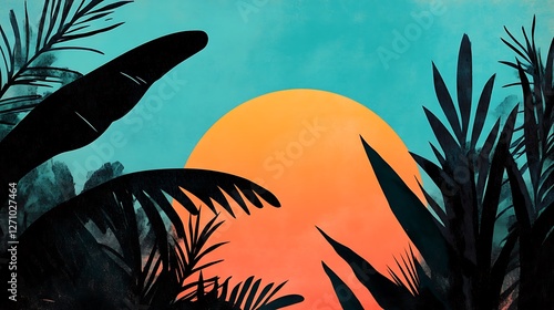 Tropical Sunset with Palm Tree Silhouettes and Gradient Sky in Orange to Teal, Retro Style Beach Vacation Vibe

