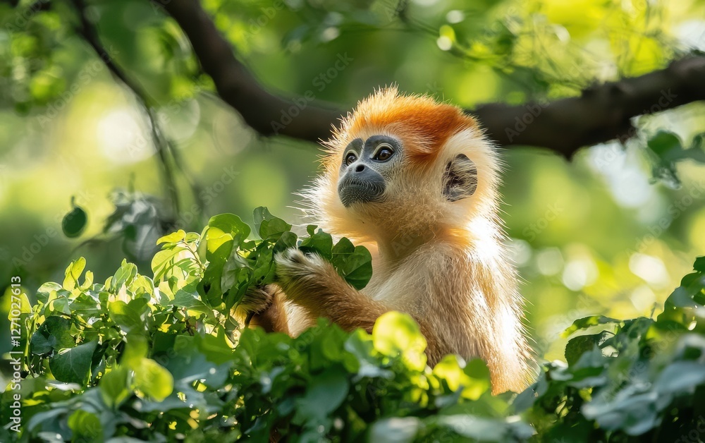 A bright orange golden snub-nosed monkey in the treetops A bright orange golden snub-nosed monkey in the treetops