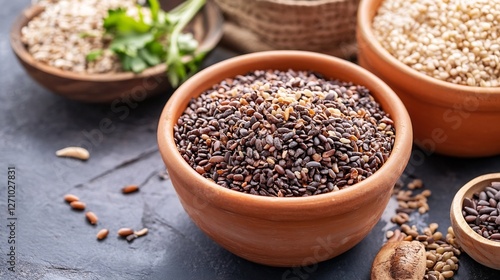 Variety of nutritious seeds in clay bowls showcasing healthy eating and culinary diversity : Generative AI photo