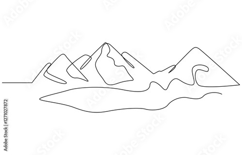 One continuous single drawing line art flat doodle mountain, lake, beautiful, Continuous line drawing of sun and mountain range landscape background.