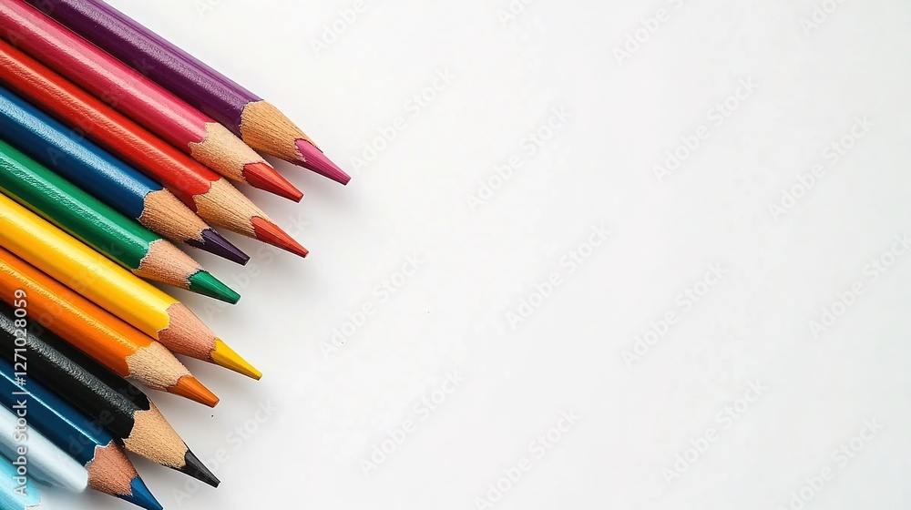 Colorful pencils on a white background, top view. Colored pencil banner border design with copy space for school and art studio concepts.