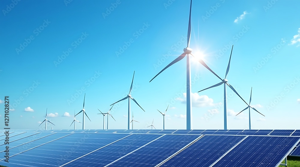 Fototapeta premium Sustainable Energy: Solar Panels and Wind Turbines under a Bright Sky