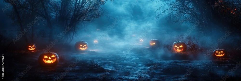 Dark night with fog and glowing pumpkins on the ground, a spooky Halloween background banner for web design or graphic illustration. Dark night with fog and glowing pumpkins on the ground, a spooky Halloween background banner for web design or graphic illustration.