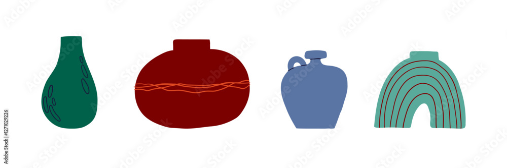 Obraz premium Set of cute interesting vase drawn in flat style. Interior, vase, decoration. Hand drawn vector illustration.