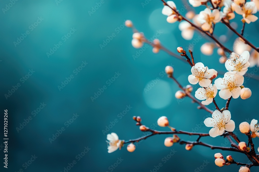 Photo of a blued background with blooming plum blossoms on the left side, creating an elegant and warm atmosphere. Photo of a blued background with blooming plum blossoms on the left side, creating an elegant and warm atmosphere.