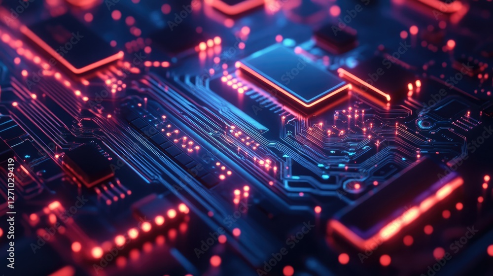 Circuit Board with Glowing Red and Blue Lines Circuit Board with Glowing Red and Blue Lines