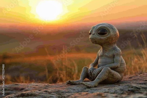 Curious alien creature sits on a rock during sunset in a tranquil landscape photo