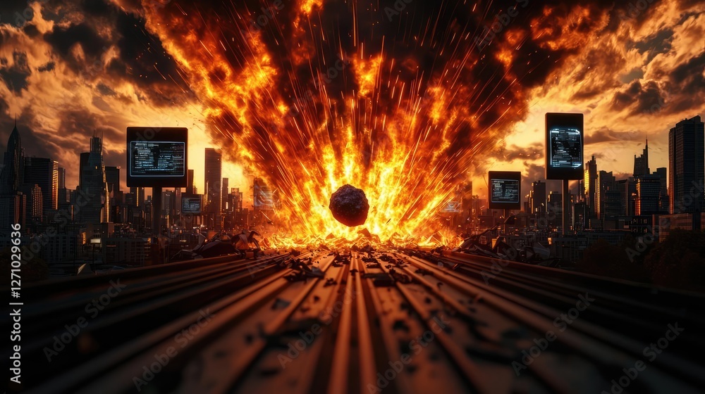 Fototapeta premium Asteroid impact concept. A captivating visual of an explosive cosmic event over a city skyline.
