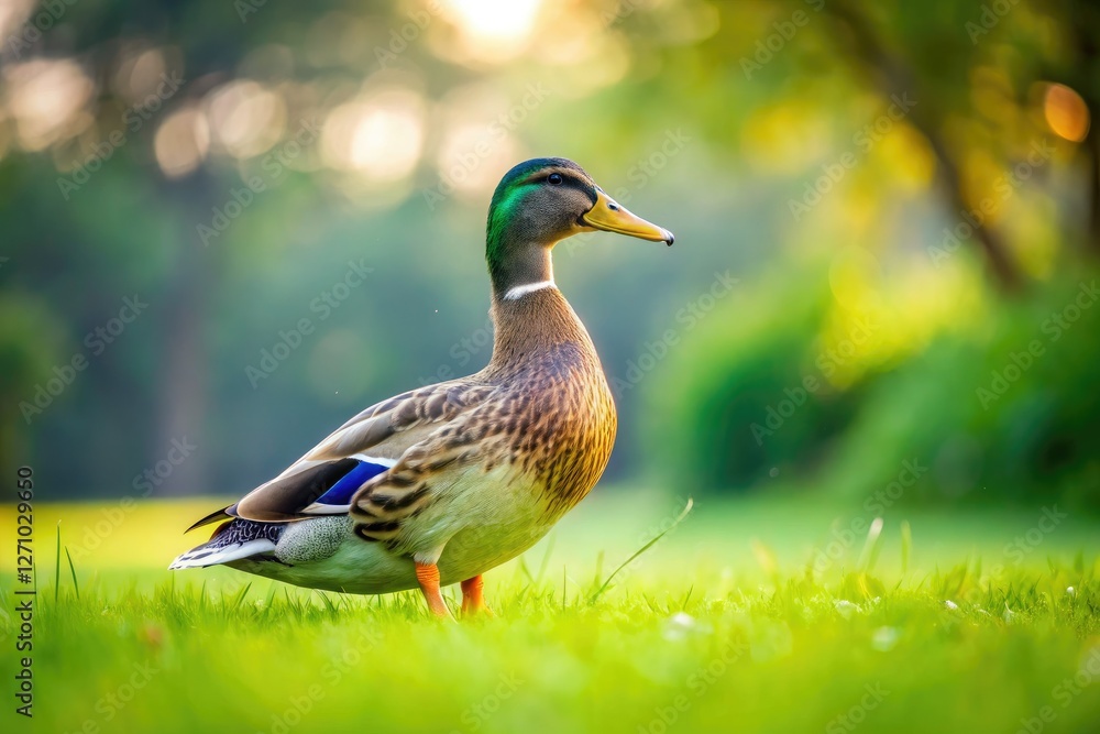Simple spring scene: adorable duck, green grass, minimal photography.