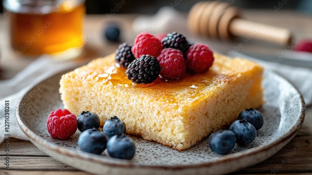 Fluffy pancake breakfast with berries and honey Fluffy pancake breakfast with berries and honey