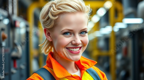Wallpaper Mural Happy young blonde woman with blue eyes smiling at work in factory in her orange work clothes Torontodigital.ca