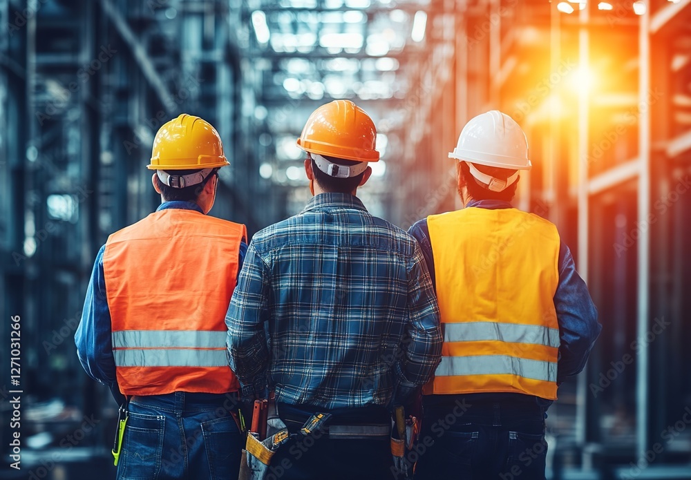 Three smiling construction workers posing for the camera in an industrial building, wearing helmets and work Three smiling construction workers posing for the camera in an industrial building, wearing helmets and work