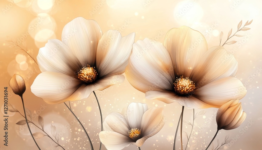 Soft Peach Floral Background, Gentle Cosmos, Wildflowers, Delicate Illustration, Pastel, Airy Light Soft Peach Floral Background, Gentle Cosmos, Wildflowers, Delicate Illustration, Pastel, Airy Light