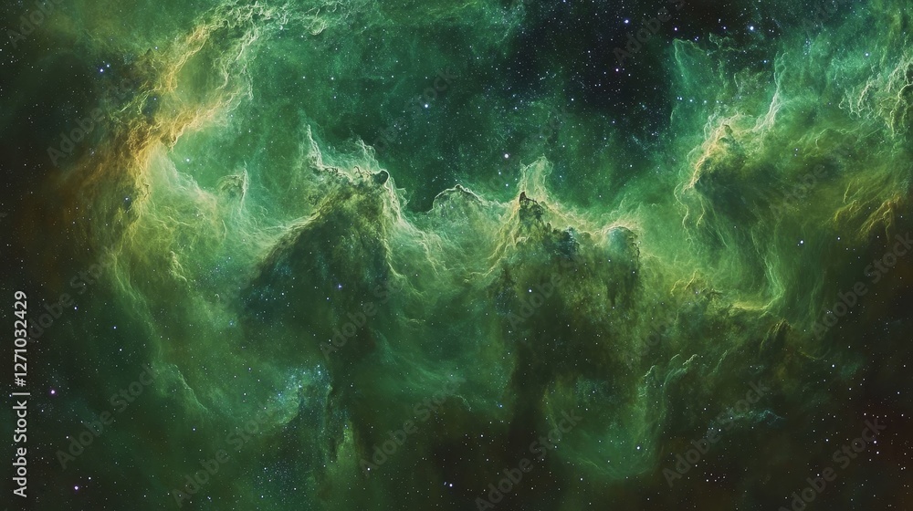Fototapeta premium Green Outer Space, Nebula Clouds, Stars in Sky, Deep Space, Cosmic Scenery, Universe, Interstellar Clouds, Space Background