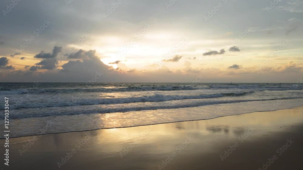 Aerial view scenery golden sunset cloud are moving above beach Phuket Thailand. 4K resolution footage. Aerial view scenery golden sunset cloud are moving above beach Phuket Thailand. 4K resolution footage.