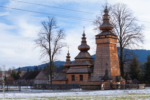 the former lemko wooden church of st. kosma and damian from 1837 in Skwirtne, Poland. Sites wooden architecture of malopolska, Poland. photo