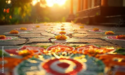 An intricate rangoli pattern made of colorful powders and marigold flowers decorates the entrance of a traditional home at sunrise.