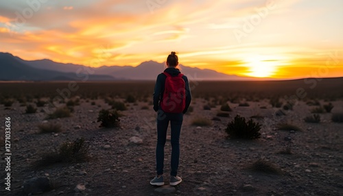 A person standing on a rocky path in a vast desert landscape, wearing a red backpack. The scene is illuminated by a colorful sunset with mountains in the background, capturing a sense of adventure and