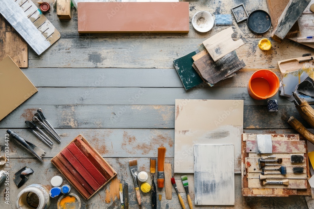 creative workspace with tools, paint, and upcycled furniture pieces, emphasizing sustainability and craftsmanship, minimal background with copy space creative workspace with tools, paint, and upcycled furniture pieces, emphasizing sustainability and craftsmanship, minimal background with copy space