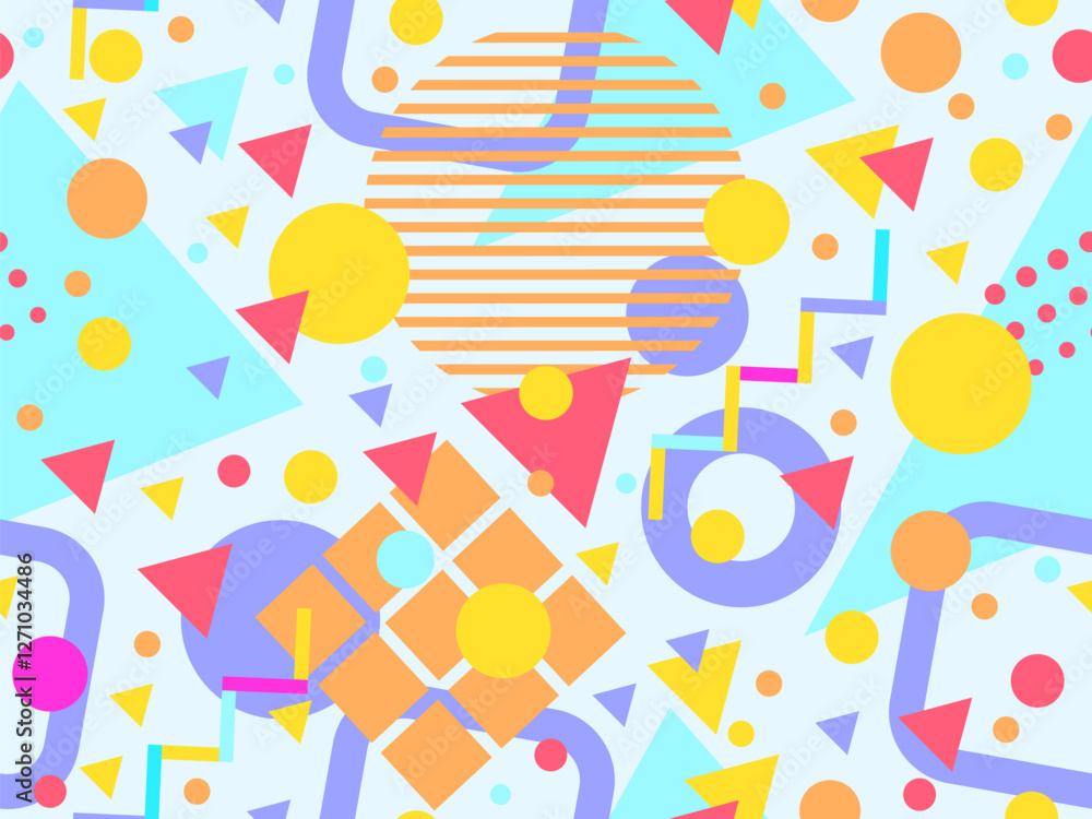 Geometric seamless pattern with memphis elements in 80s style. Colorful geometric pattern. Design of promotional products, wrapping paper and printing. Vector illustration Geometric seamless pattern with memphis elements in 80s style. Colorful geometric pattern. Design of promotional products, wrapping paper and printing. Vector illustration