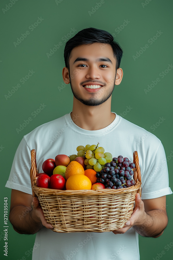 farmer man holding vegetables in basket, marketing photography, happy to sell you a product, standing, smiling, solid background farmer man holding vegetables in basket, marketing photography, happy to sell you a product, standing, smiling, solid background