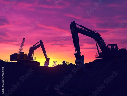Wallpaper Mural Silhouetted excavators working at a construction site during a vibrant sunset with clouds Torontodigital.ca