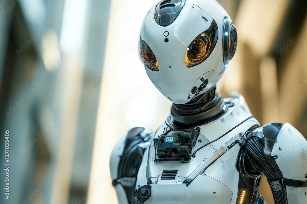 Fototapeta premium Advanced humanoid robot showcasing intricate design in a futuristic urban environment during daylight