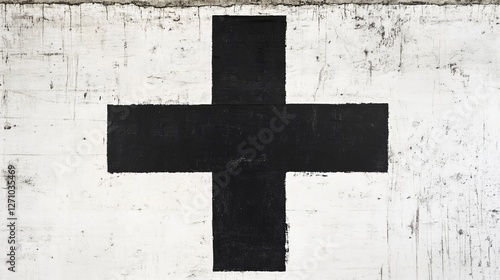 Minimalist black cross on distressed white background, industrial wall art, modern abstract design, grunge texture