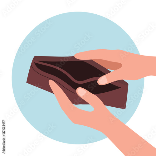 Hands holding empty wallet in flat design. Financial recession or jobless person. No budget. No money.