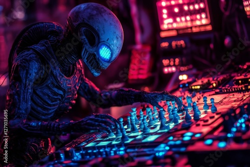 Alien creature playing chess at a futuristic control panel in a dimly lit sci-fi environment photo