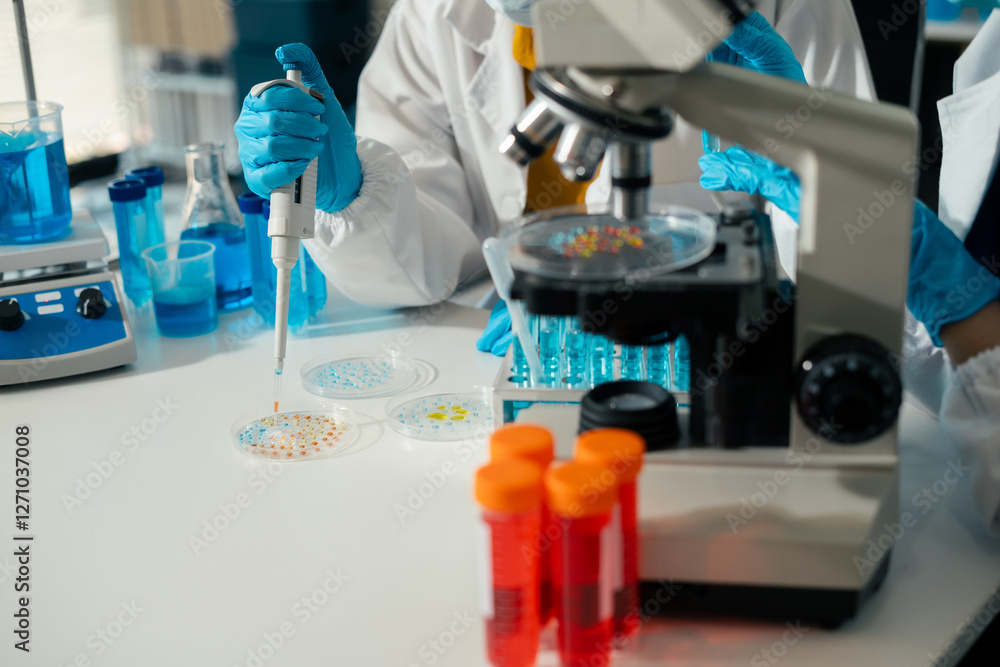 Fototapeta premium Lab work, Doctor holds a test tube takes the test from a test tube in analysis, blood, DNA, test tube stand..