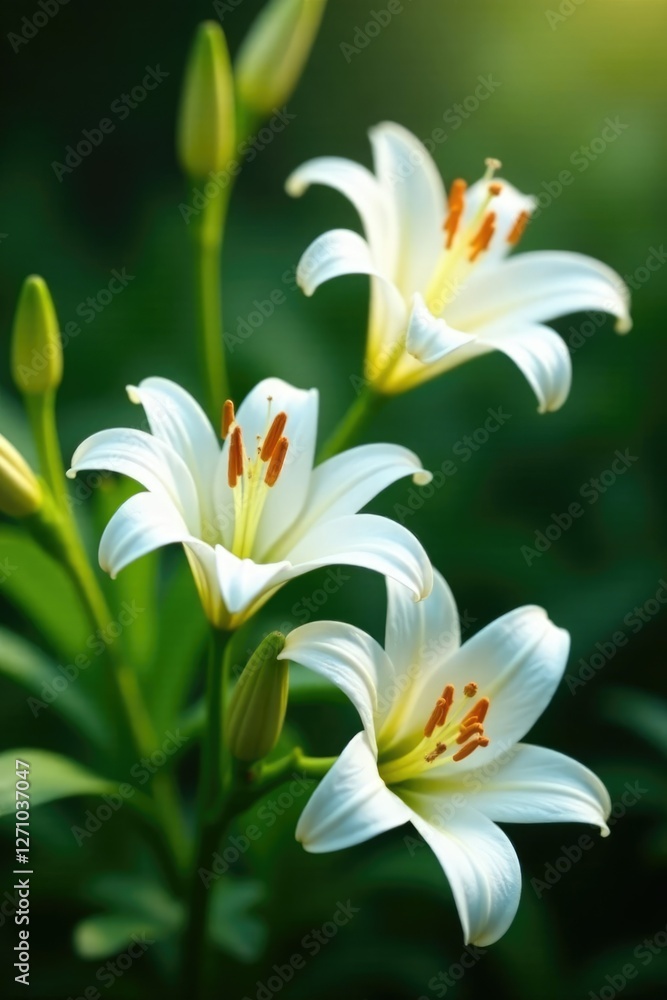 White lily flowers sway in the breeze amidst green foliage, floral, elegant, lilies White lily flowers sway in the breeze amidst green foliage, floral, elegant, lilies