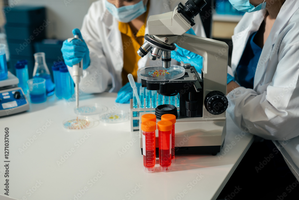 Fototapeta premium Lab work, Doctor holds a test tube takes the test from a test tube in analysis, blood, DNA, test tube stand..