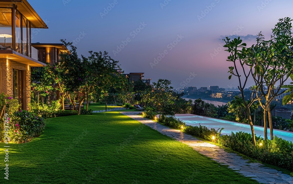 Obraz premium A luxury resort with vibrant green lawns leading to an infinity pool