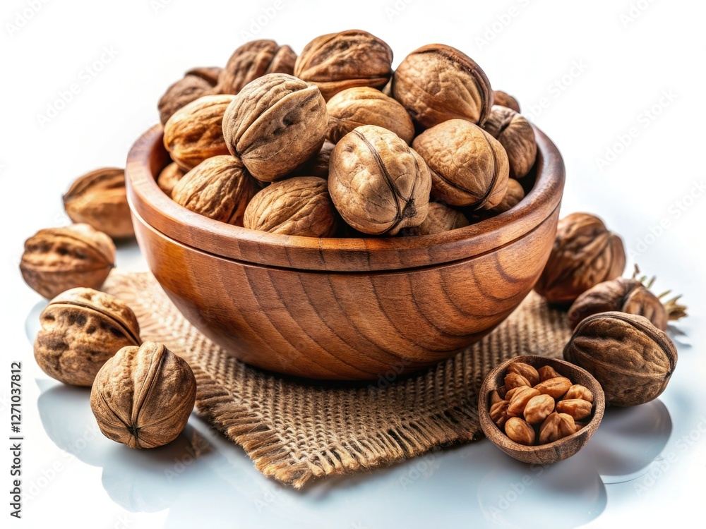Wooden bowl and basket overflow with rustic walnuts; a captivating still life photograph. Wooden bowl and basket overflow with rustic walnuts; a captivating still life photograph.