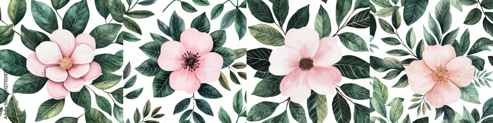 Fototapeta premium Lush floral arrangement featuring a beautiful bouquet of pink flowers surrounded by vibrant green leaves and foliage Serene and romantic backdrop with a natural botanical feel
