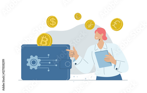 Bitcoin digital wallet, Cryptocurrency transactions and online banking, Buying digital currency on tablets, Digital currency wallet technology, Flat vector design illustration.