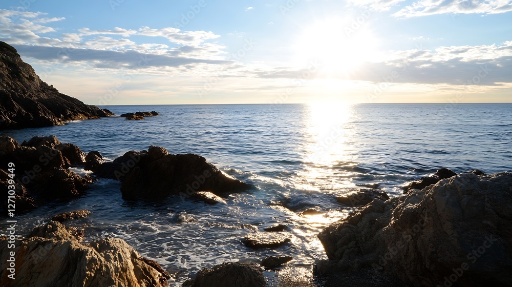 Scenic coastal view of rocky shoreline under striking sunset lighting with ocean waves splashing : Generative AI Scenic coastal view of rocky shoreline under striking sunset lighting with ocean waves splashing : Generative AI