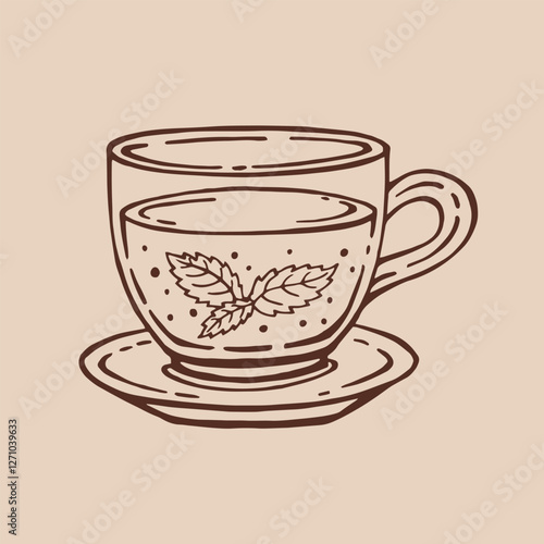 Cup of tea with healthy green tea, mint leaves. Hand drawn vector illustration in outline style.