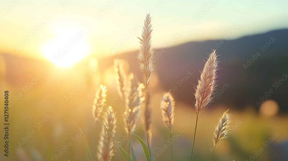 Obraz premium Beautiful Sunlight Glowing Through Grassy Landscape with Soft Blades : Generative AI