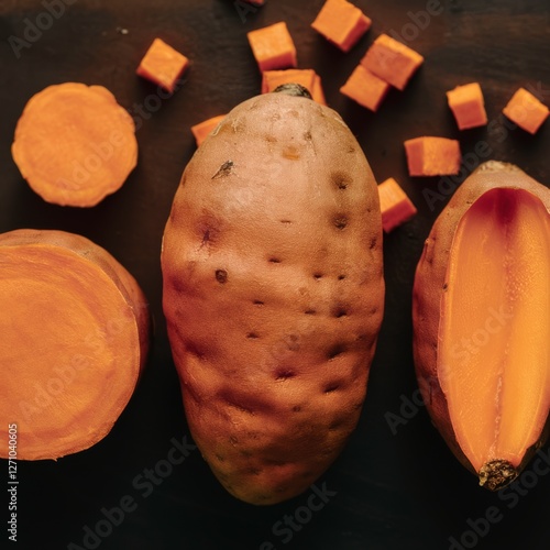 Sweet Potato Cuts: Whole, Half & Slices Close-Up