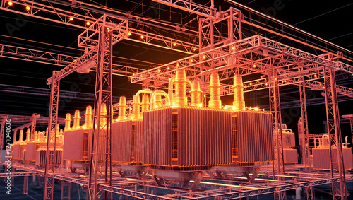 Transformer Electric power substation with electricity power wire transmission network infrastructure 3D wireframe construction model