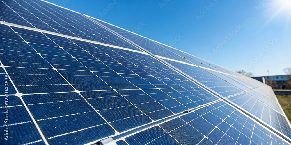 Close-up of a single solar panel with reflective blue photovoltaic cells, showing intricate grid patterns and sunlight reflections, against a clear blue sky Close-up of a single solar panel with reflective blue photovoltaic cells, showing intricate grid patterns and sunlight reflections, against a clear blue sky