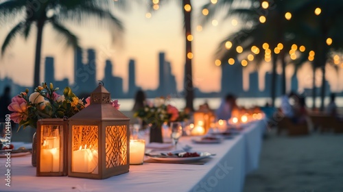 Romantic beach dinner setup at sunset with candles and city skyline