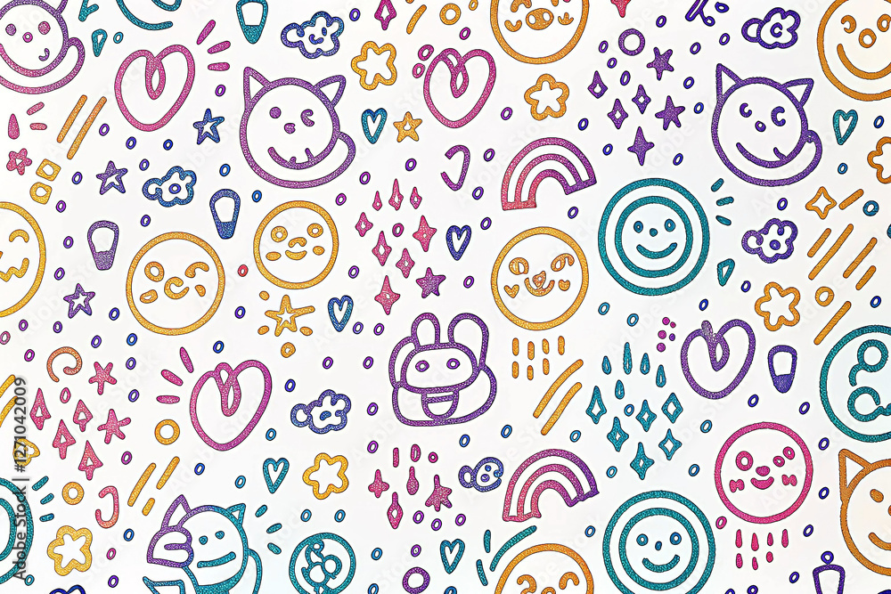 Colorful doodle pattern on white background with cats, hearts, and faces. Possible use Children's book cover Colorful doodle pattern on white background with cats, hearts, and faces. Possible use Children's book cover