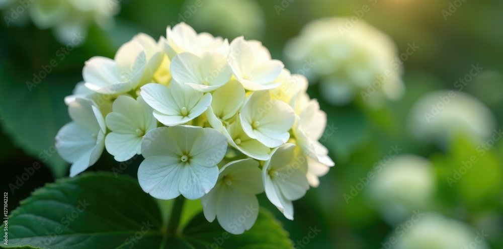 Hydrangea starts to show its first white blooms from a unique shape, blossoming, shape Hydrangea starts to show its first white blooms from a unique shape, blossoming, shape